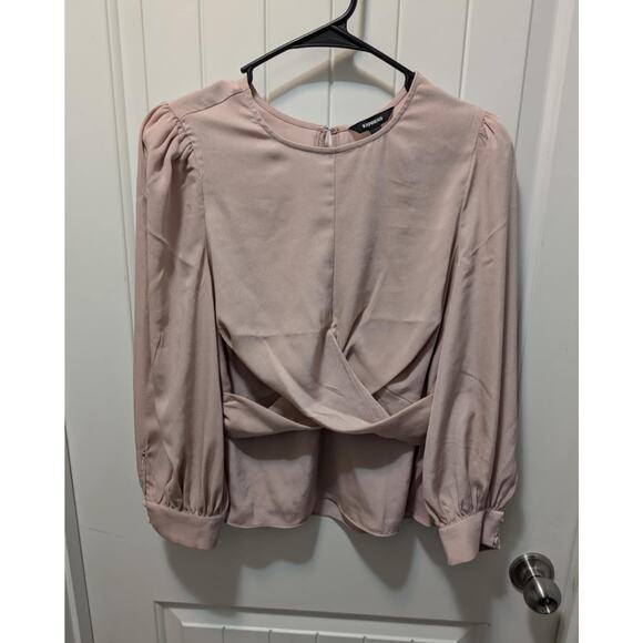 Express Satin Crew Neck Puff Sleeve Wrap Top Mauve Pink Size M Casual Work - Picture 3 of 10